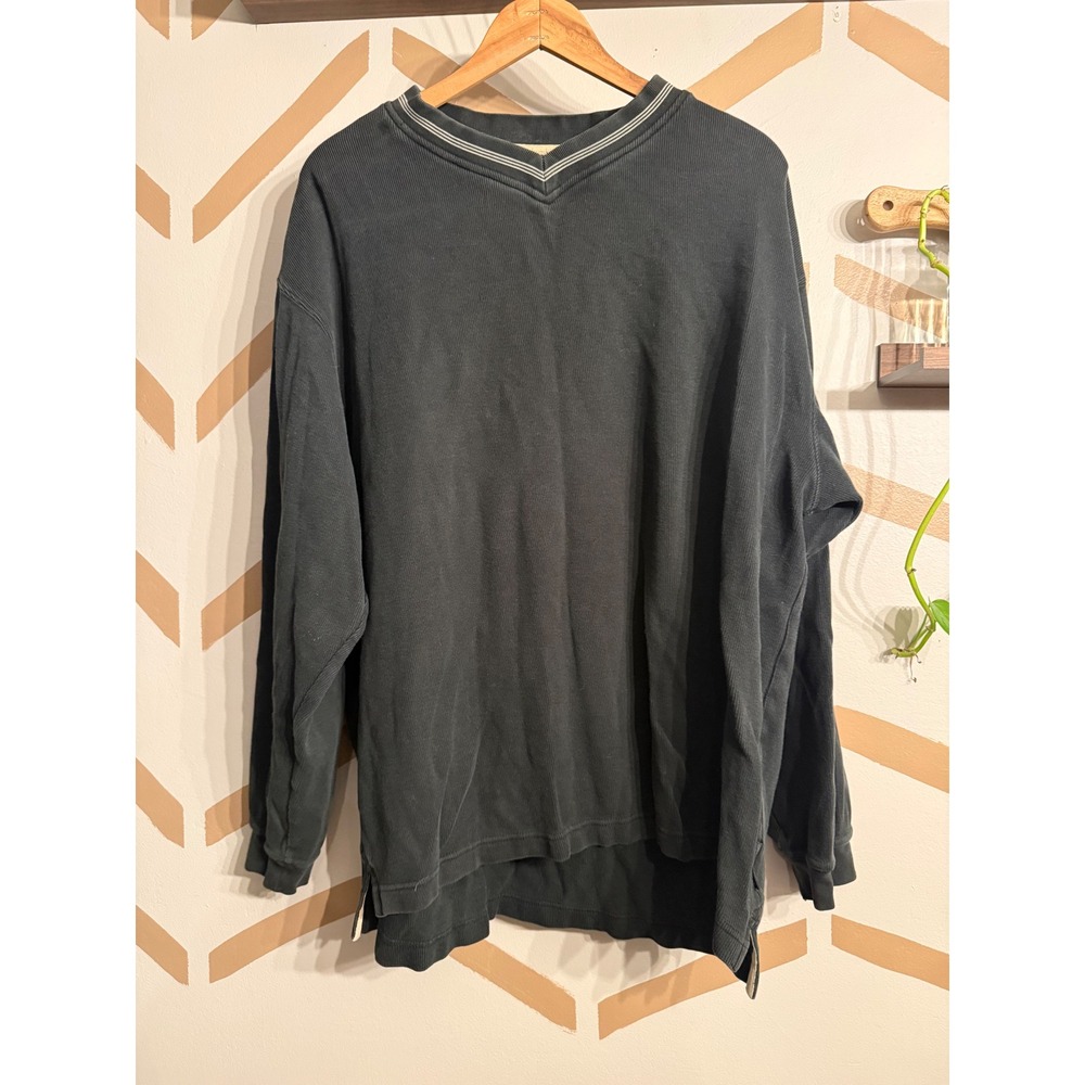 Columbia Ribbed Knit Top Mens XL Black Vintage V-Neck Long Sleeve Split Hem